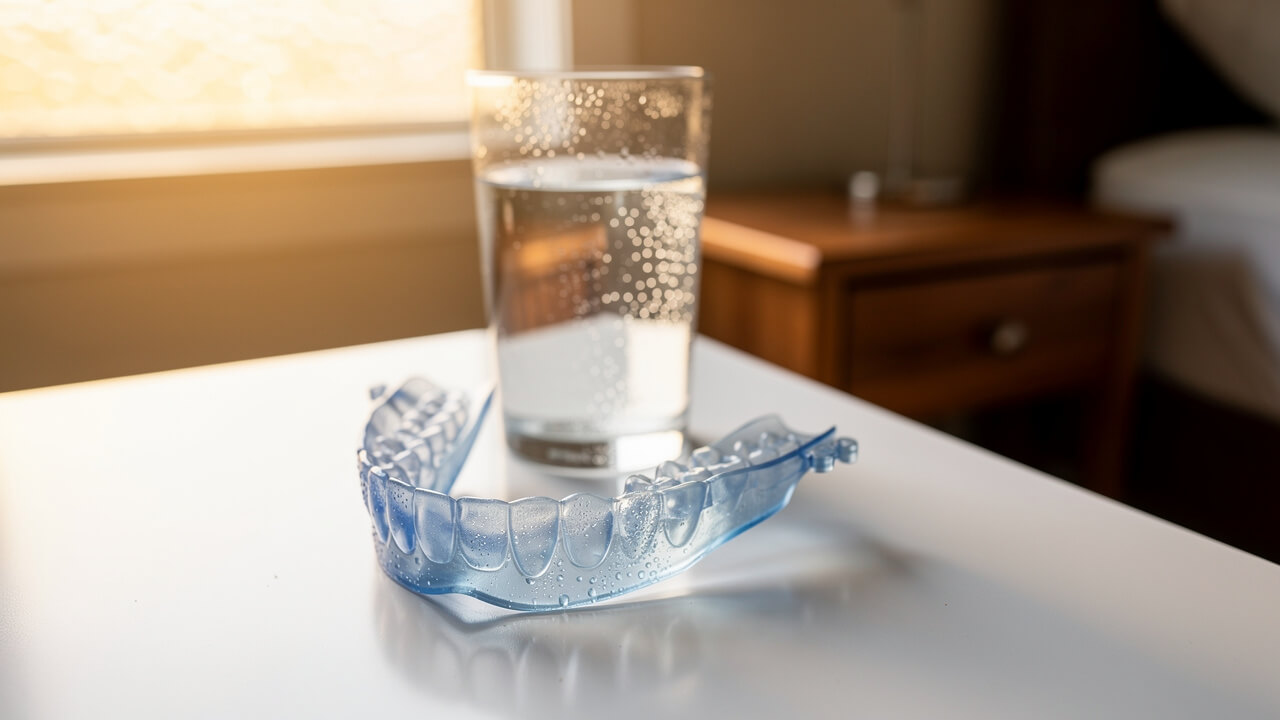 Custom-fit mandibular advancement device on bathroom counter