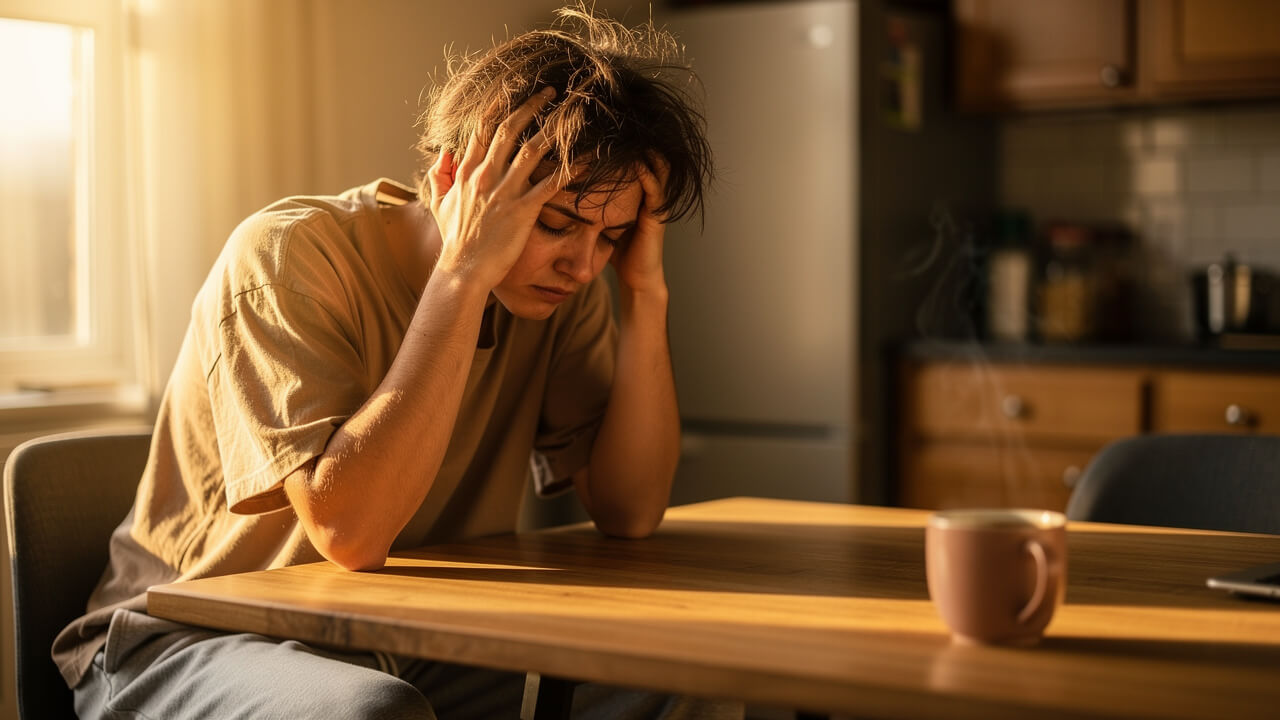 Exhausted person experiencing morning fatigue from poor sleep