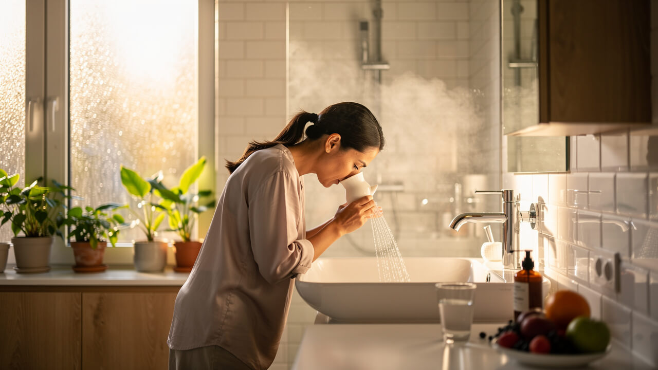 Person performing nasal rinse as part of healthy bedtime routine