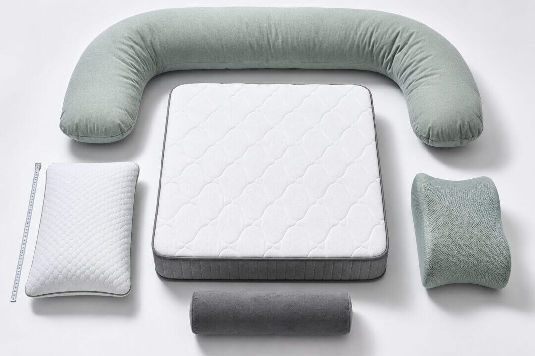 overhead flat-lay composition showing a complete sleep setup for lower back pain relief: