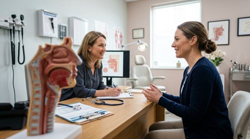 patient in profile consulting in a brightly lit ENT doctor's office