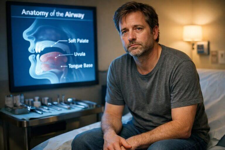 patient in their mid-40s sits in a softly lit ENT consultation room