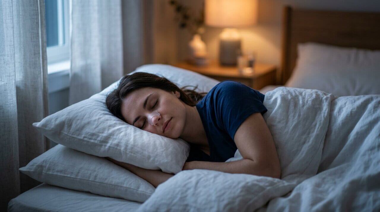 person sleeping peacefully on their side on plush, white linen pillows