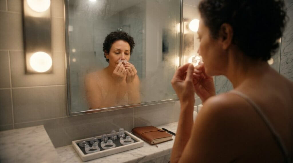 person stands before a fogged vanity mirror, gently applying a nasal dilator