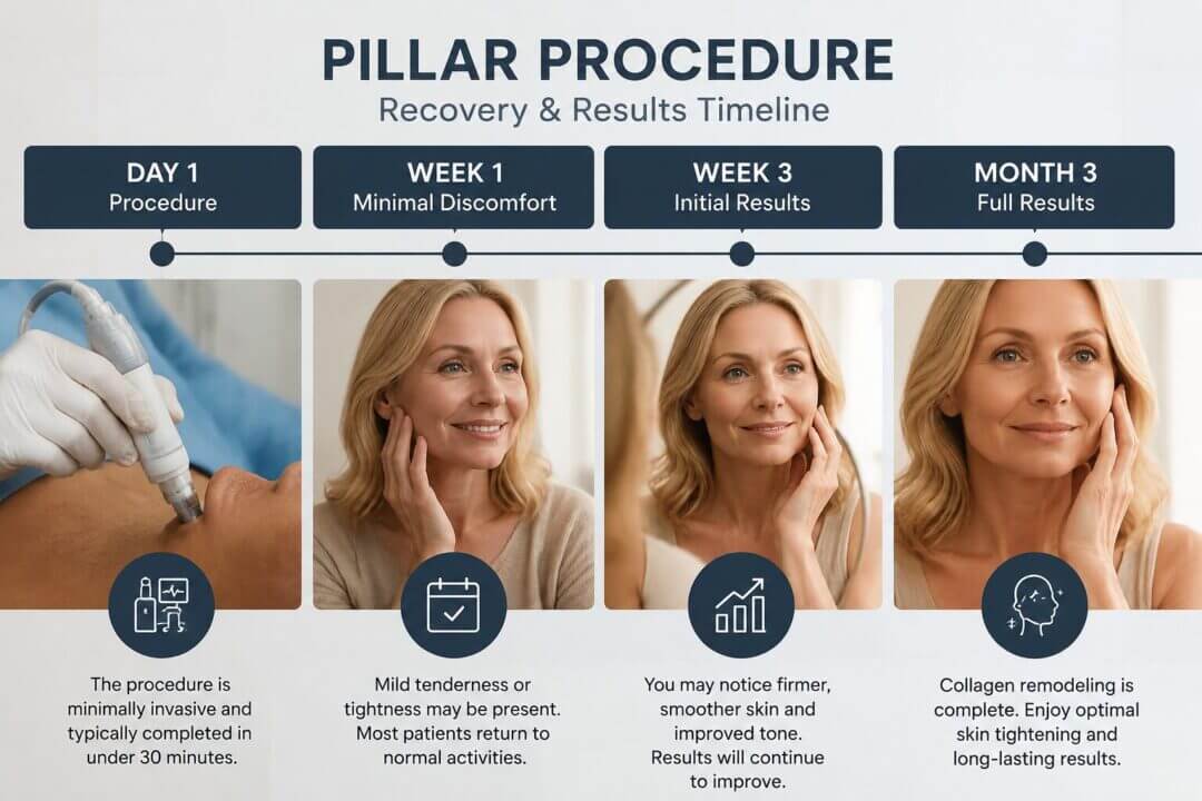 Visual timeline chart showing pillar procedure recovery and results: day 1 (procedure), week 1 (minimal discomfort), week 3 (initial results), month 3 (full results), with icons representing each stage