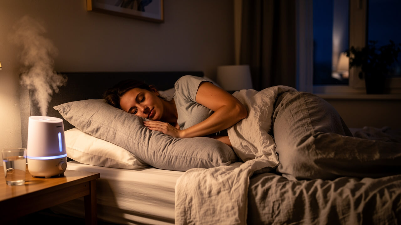 Pregnant woman sleeping left side with humidifier and body pillow