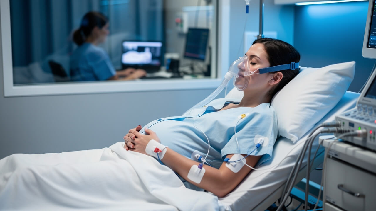 Pregnant woman using CPAP therapy for sleep apnea treatment
