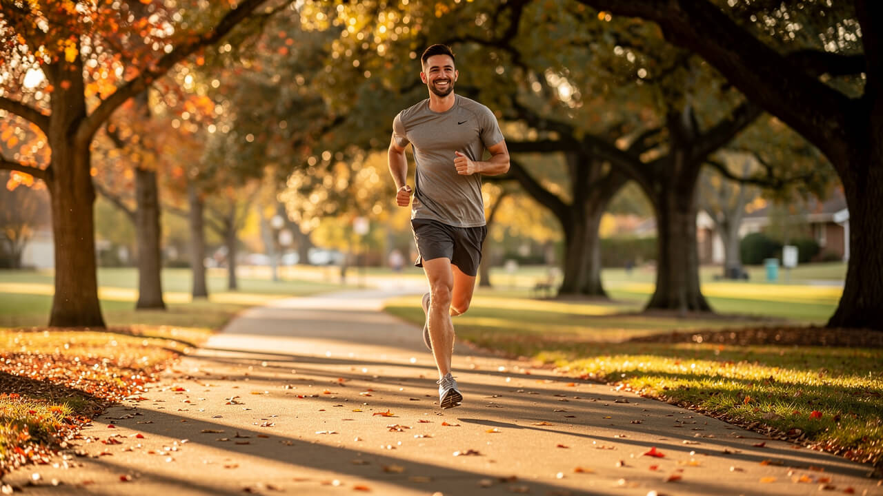 Energetic man jogging through sunny park after restoring quality sleep