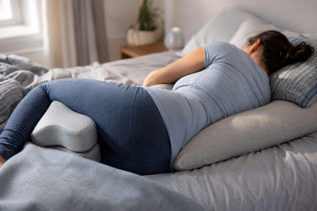 serene bedroom photograph showing a person sleeping peacefully in the fetal position on their left side