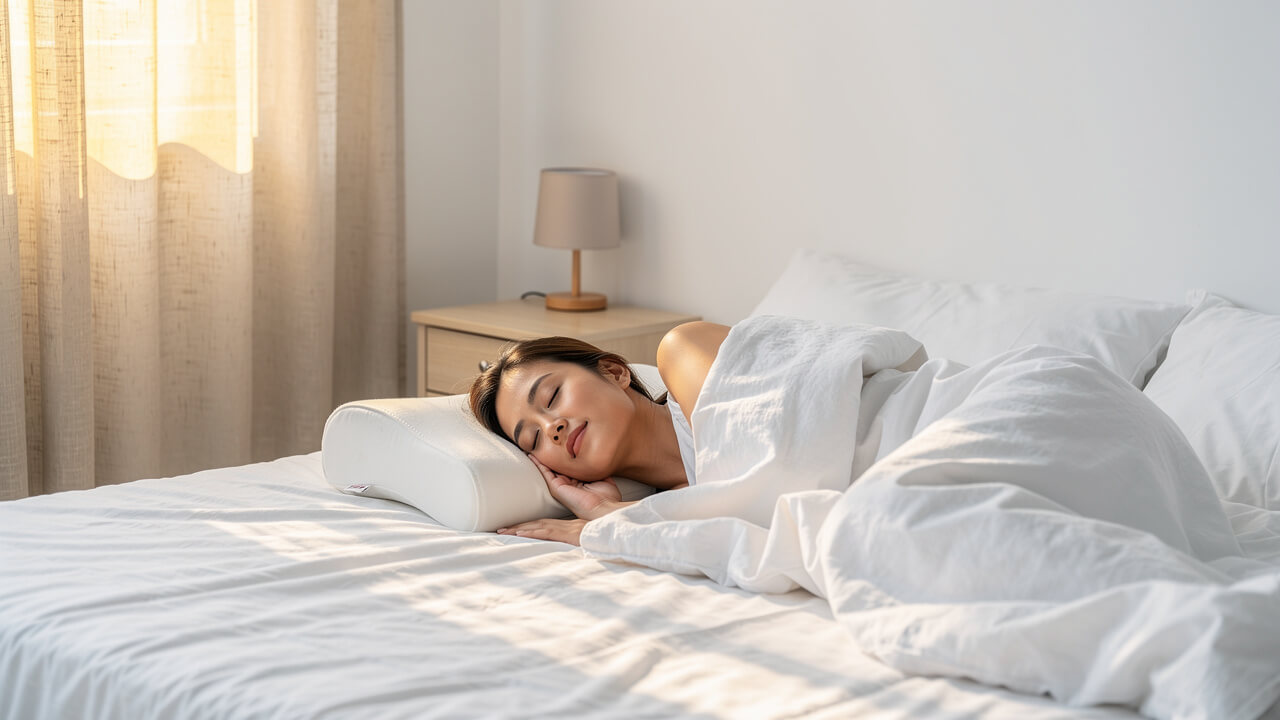 Person sleeping peacefully on their side with ergonomic anti-snore pillow