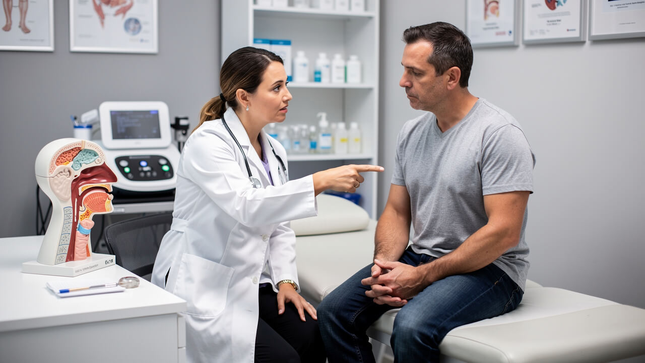 Sleep specialist examining patient with airway model during consultation