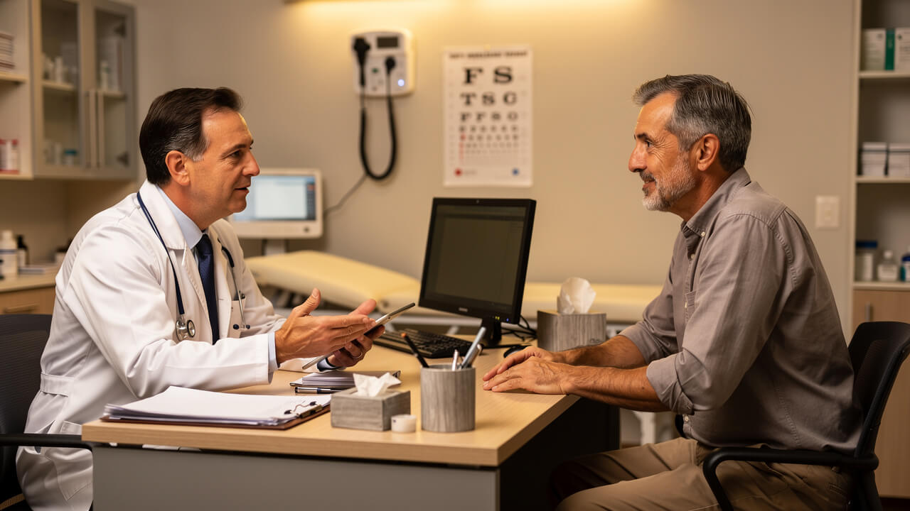 Patient consulting doctor about sleep apnea evaluation