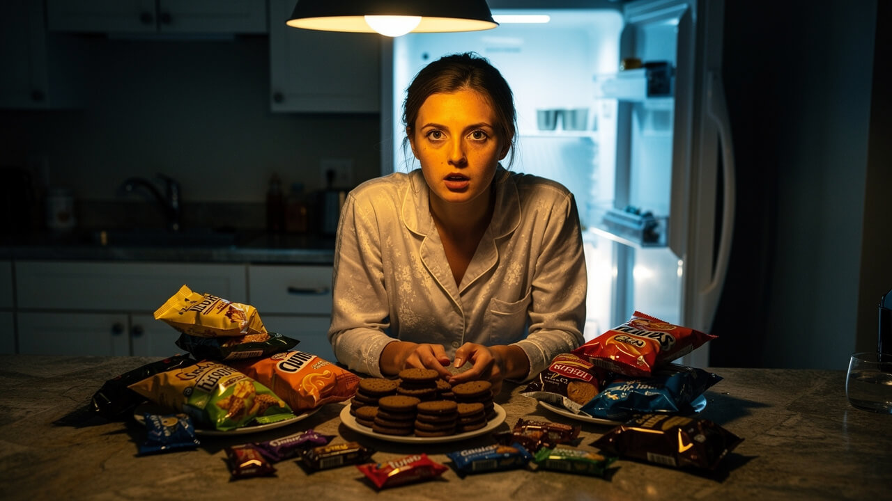 Exhausted woman raiding kitchen pantry late at night due to sleep deprivation