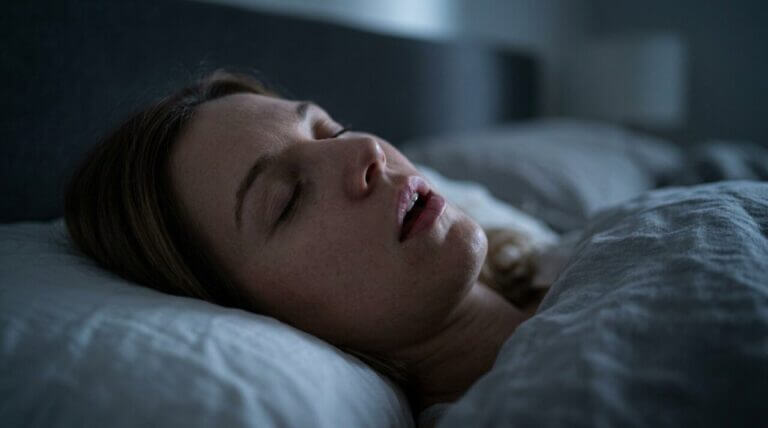 sleeping in a dark room with their mouth slightly open