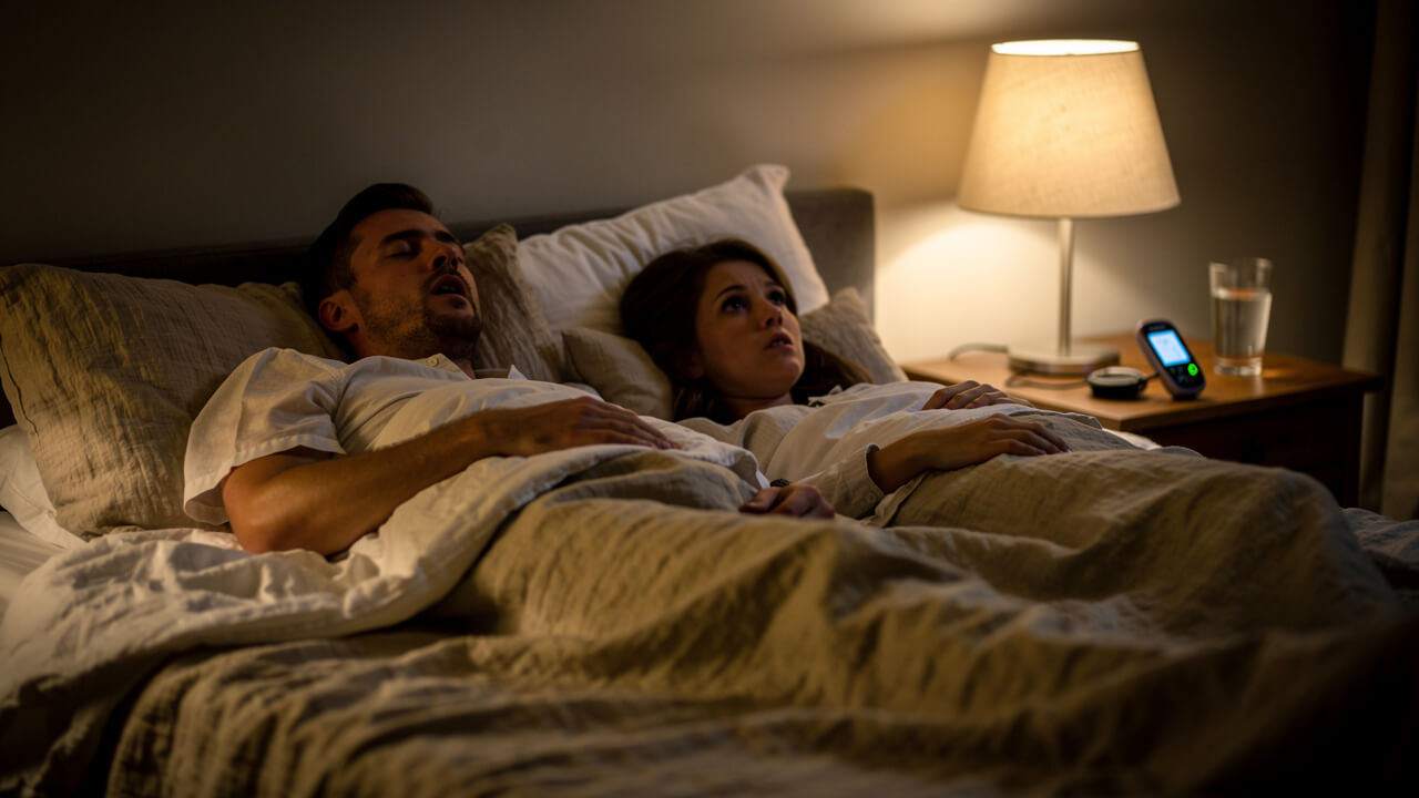 Couple in bed, man snoring, woman awake