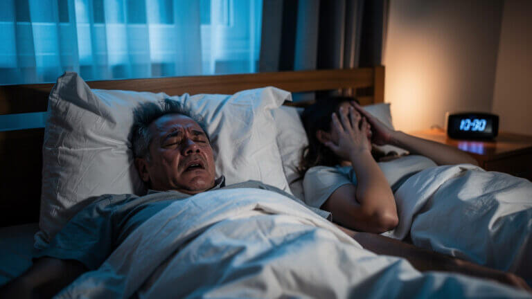Man snores loudly, disturbing sleeping woman