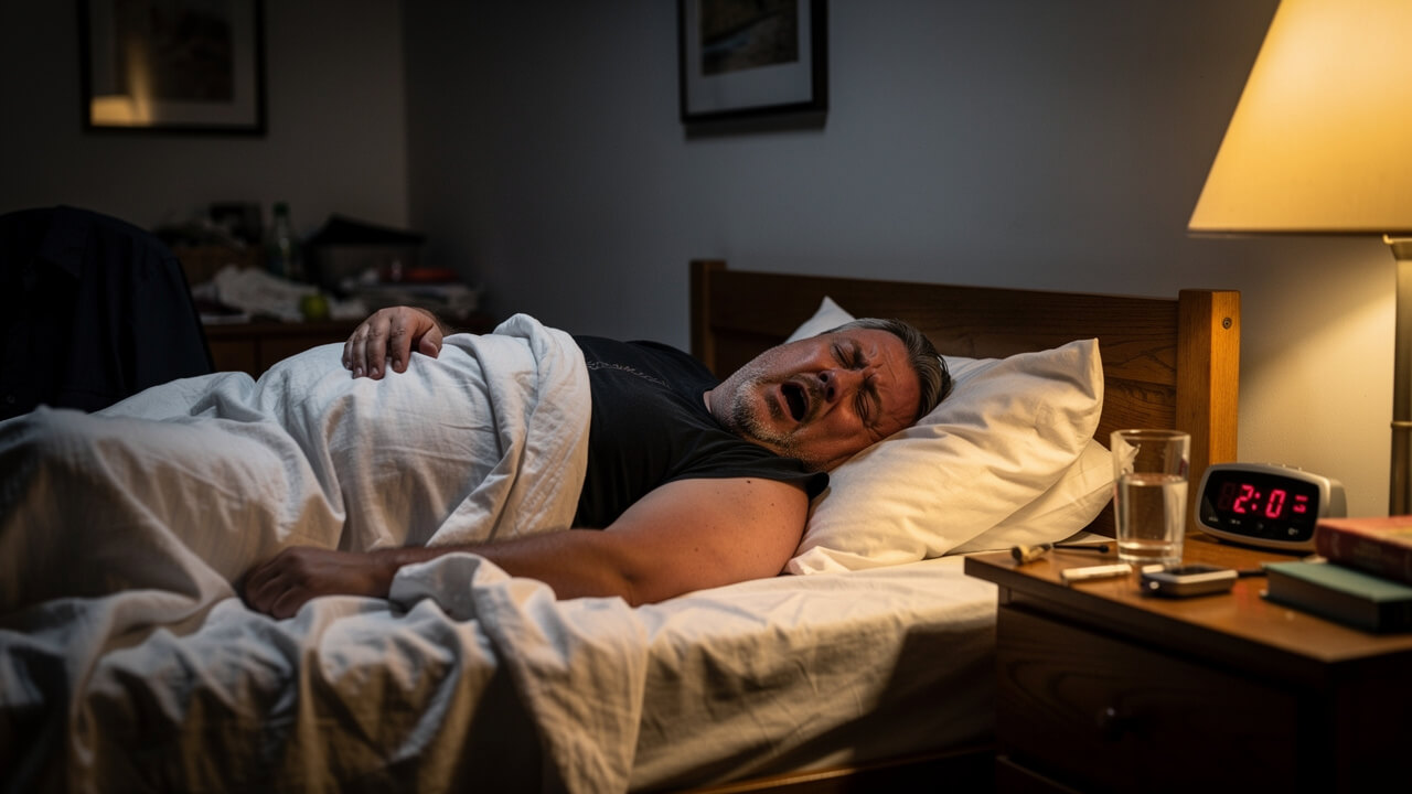 Man snoring in bed