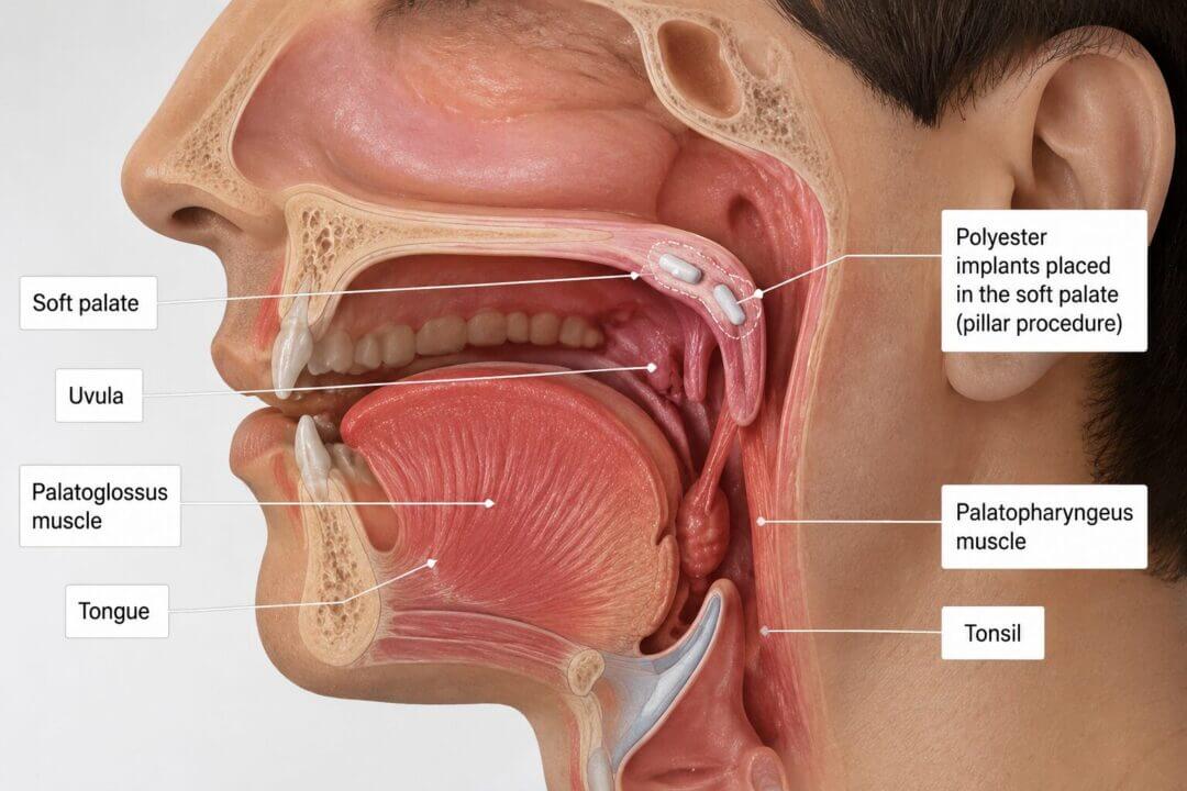 Medical diagram showing the soft palate anatomy with clear labels indicating where polyester implants are placed during the pillar procedure, side-view cross-section of throat and mouth