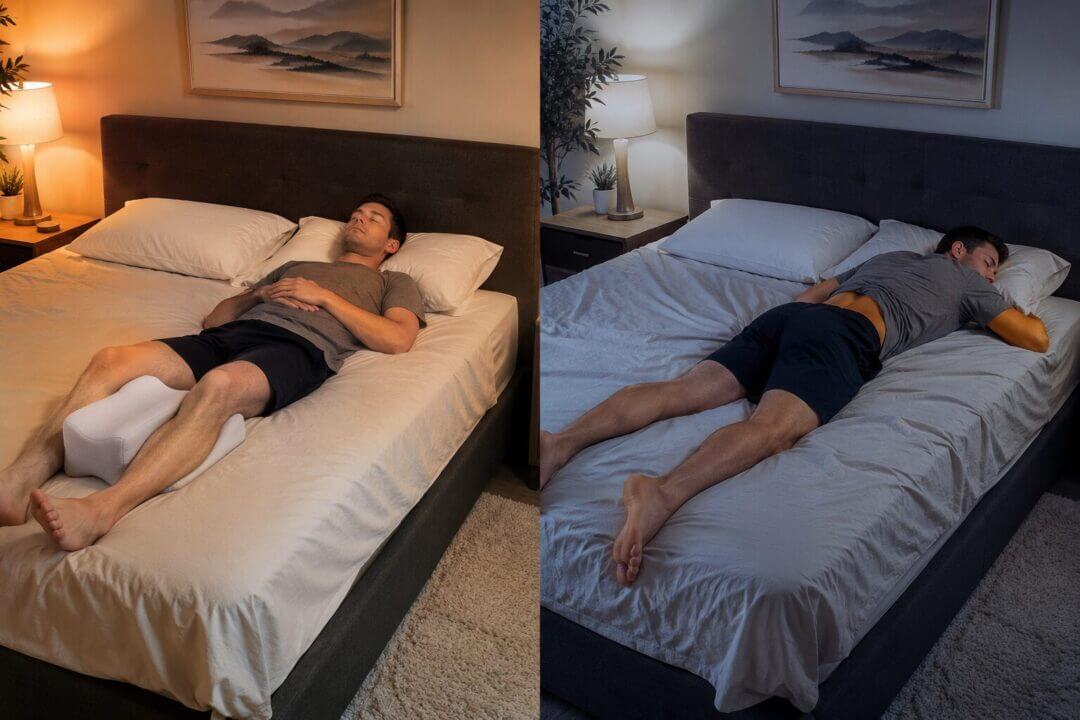 split-screen comparison photograph showing the same bedroom from the same angle: left side shows a person sleeping