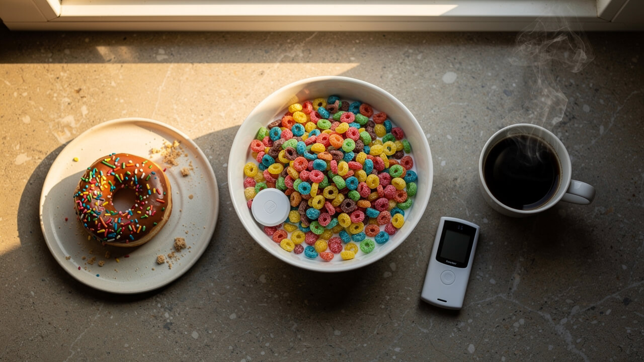 Sugary breakfast foods beside glucose monitor on kitchen counter at dawn