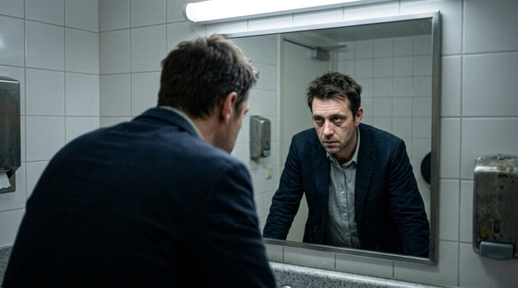 tired professional looking into a bathroom mirror, showing dark circles under the eyes