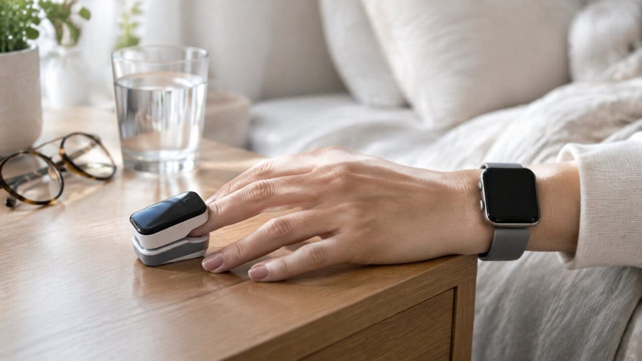 Hand resting on a bedside table with a fingertip pulse oximeter clipped on and a smartwatch on the wrist
