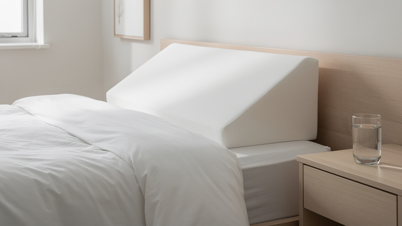 Firm wedge pillow on bed for elevated sleep position