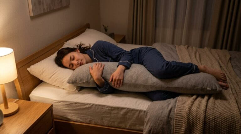 woman holds side-sleeper pillow