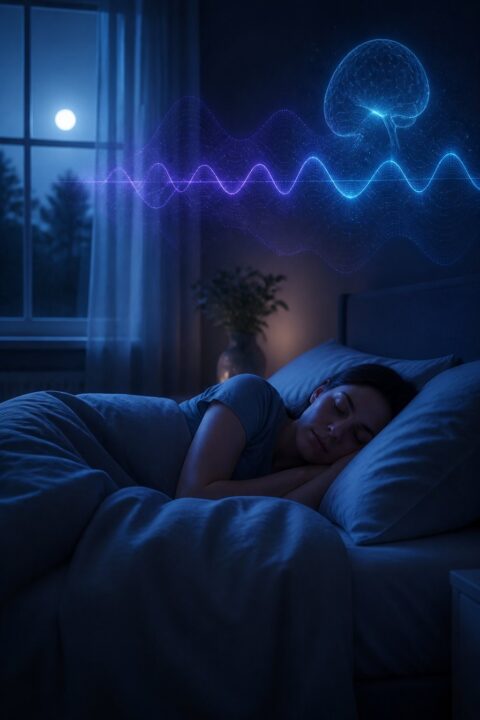 A person sleeping peacefully in a softly lit bedroom with moonlight and abstract waveforms symbolizing sleep cycles in the background.
