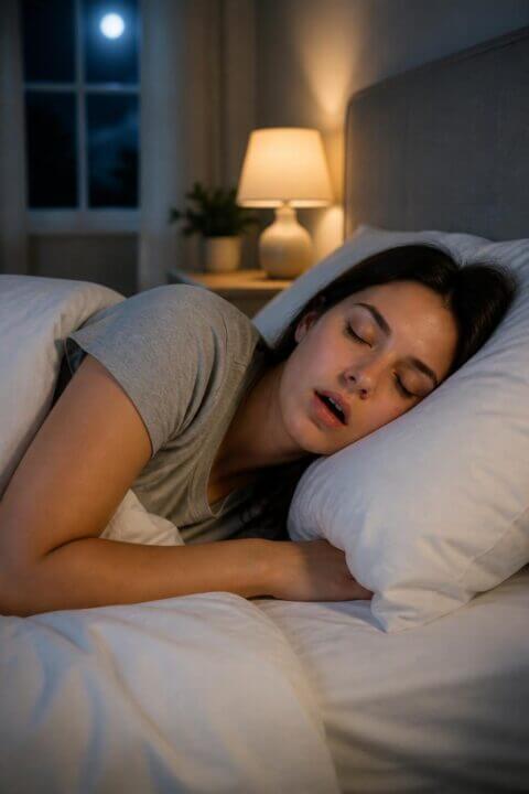 A young woman sleeping on her side with her mouth slightly open in a softly lit bedroom at night.