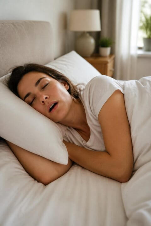 A woman sleeping on her side in a bed with white sheets, eyes closed and mouth slightly open, in a softly lit bedroom.