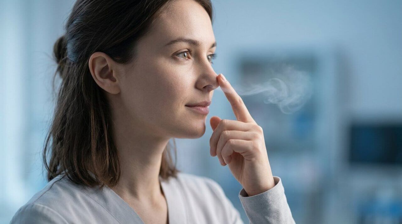 young woman gently touching her nose with a subtle expression of curiosity