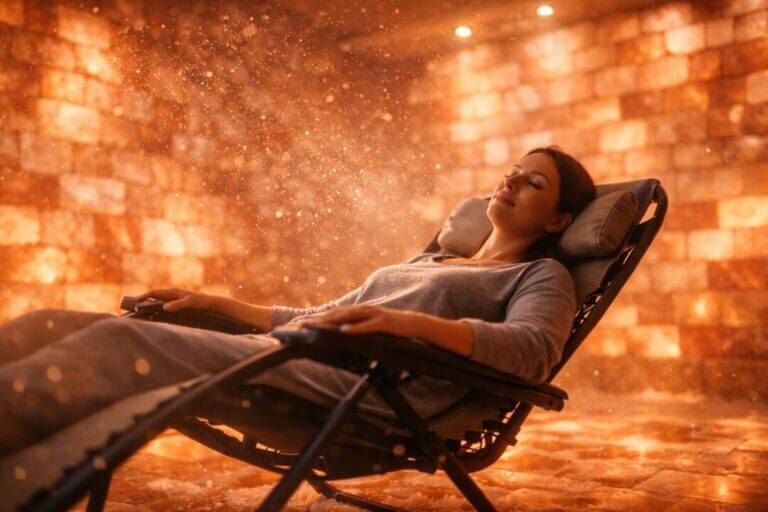 zero-gravity wellness chair at the center of a glowing salt therapy room