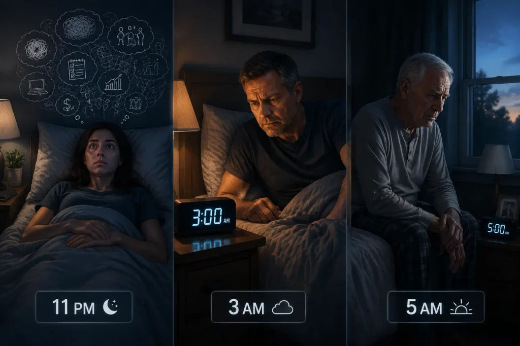 Insomnia: three people struggling to sleep
