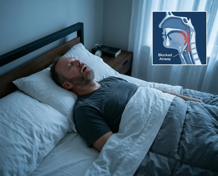 Man sleeping on back, airway blocked illustration