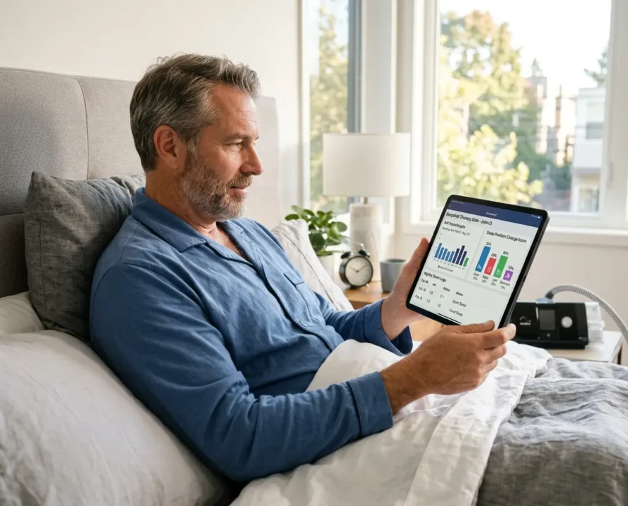 Man reviews sleep data on tablet