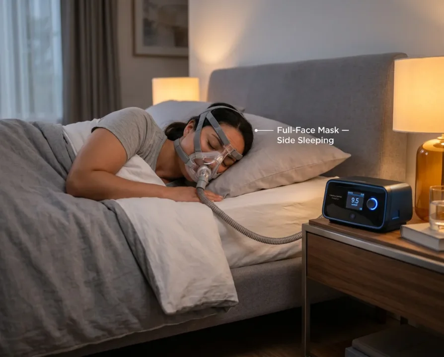 Woman sleeping with CPAP full-face mask