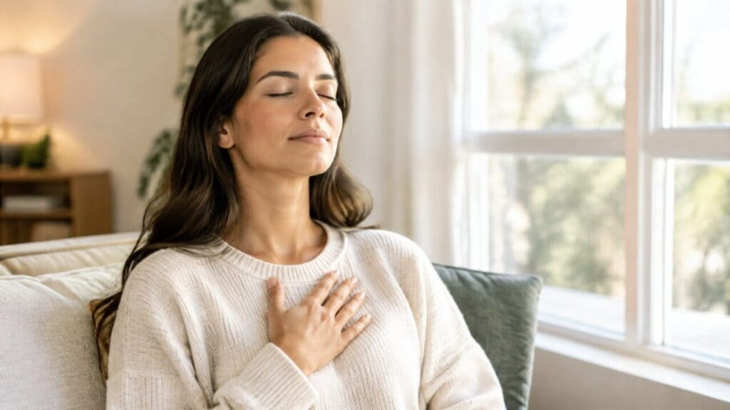 Woman breathing calmly through her nose by a sunny window