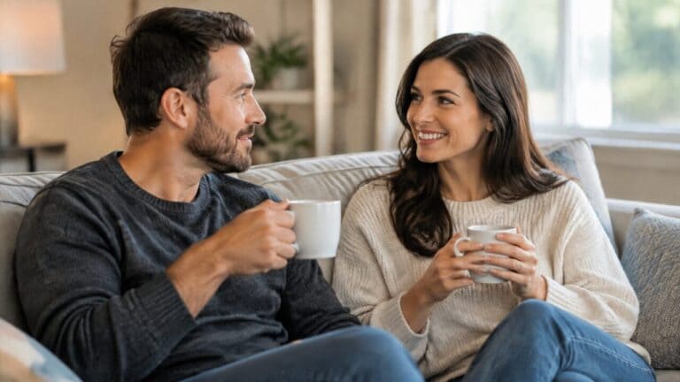 Couple talking calmly over coffee on a sofa