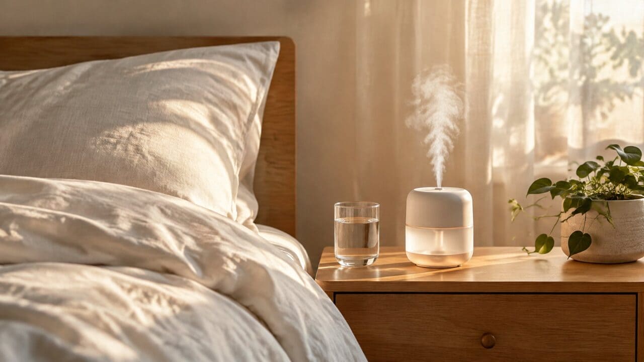 Glass of water and a small humidifier releasing mist on a bedside table at dawn