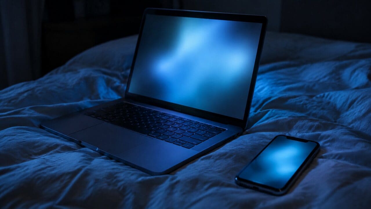 Laptop and phone glowing blue on a dark bed