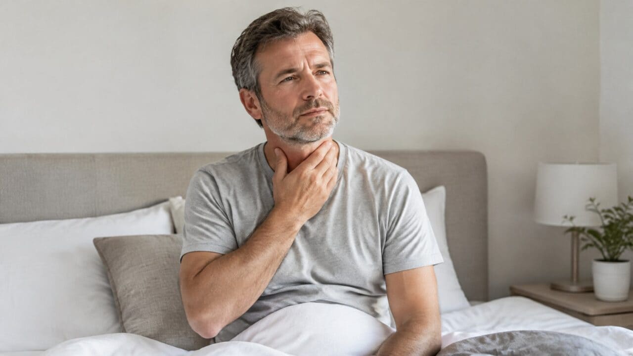 Man sitting up in bed in the morning with his hand at his throat, showing a dry throat on waking