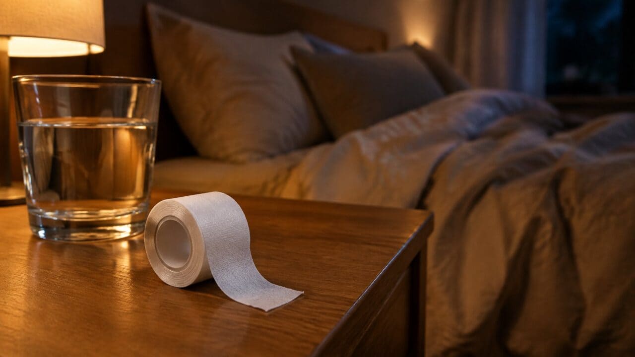 Roll of plain medical tape on a bedside table beside a glass of water