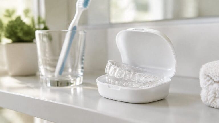 Clear night guard in a white case beside a toothbrush on a bathroom shelf