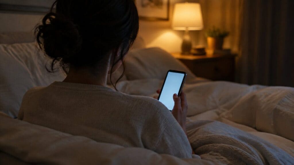 Person sitting up in bed at night reading on a phone