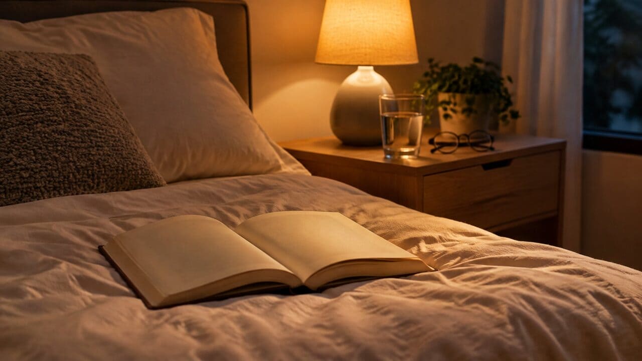 Open paper book on a bed beside a warm bedside lamp